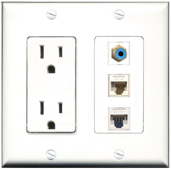 RiteAV - 15 Amp Power Outlet 1 Port RCA Blue 1 Port Cat5e Ethernet White 1 Port Cat6 Ethernet Ethernet White Decorative Wall Plate