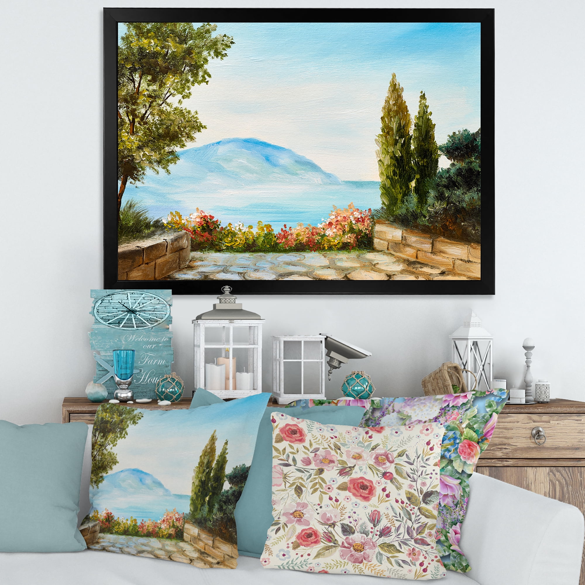 Designart 'Beautiful Mountains View By The Sea Side' Nautical & Coastal Framed Art Print