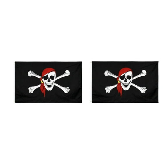 US 2 Pcs 3x5 Ft Jolly Roger Pirate Red Bandana Skull Flag Brass Grommet Banner