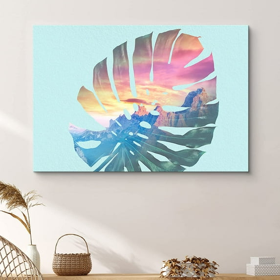 PixonSign Canvas Print Wall Art Double Exposure Monstera Leaf & Sky Nature Wilderness Illustrations Modern Art Contemporary Scenic Relax/Calm Multicolor for Living Room, Bedroom, Office - 12x18