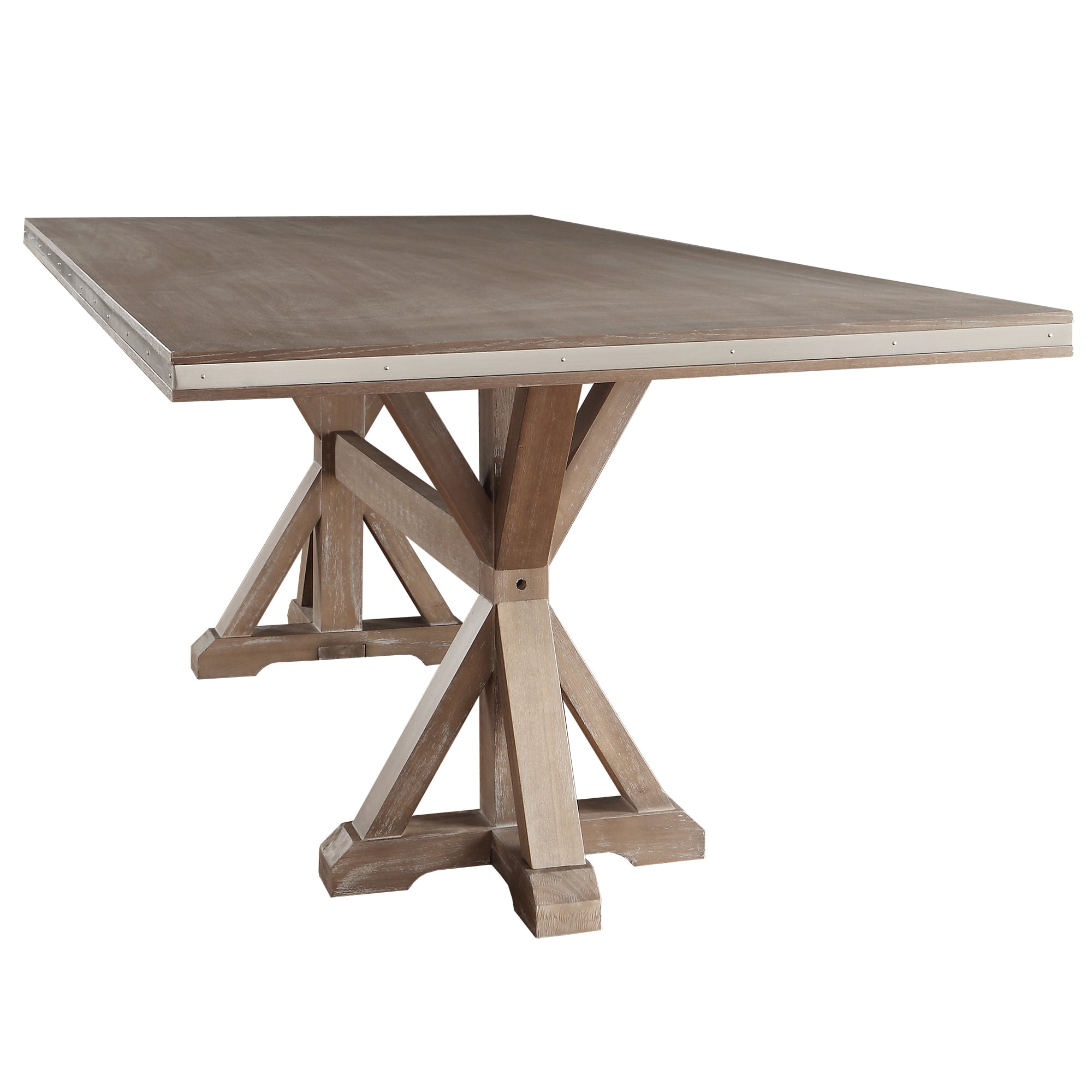 Inspire Q Abbott Rustic Stainless Steel Strap Oak Trestle Dining Inspire Q Abbott Rustic Stainless Steel Strap Oak Trestle Dining Table By Artisan Com