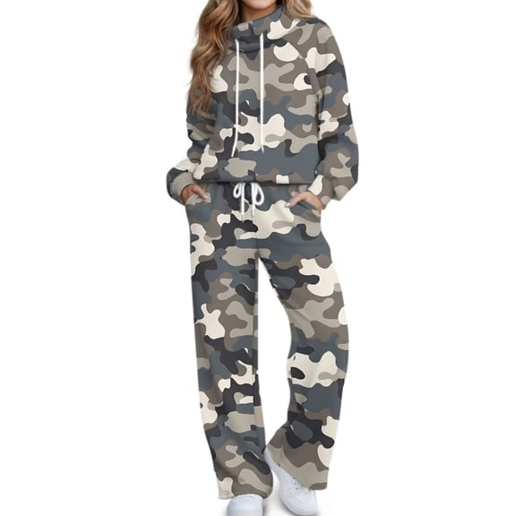 Glofpot Women's 2 Piece Outfits, Mock Neck Sweatsuits Loungewear Set Long Sleeve Sweatshirt, Wide Leg Sweatpants, Oversized Sweat Sets, Casual Tracksuit, Drawstring Activewear, Grey Camo