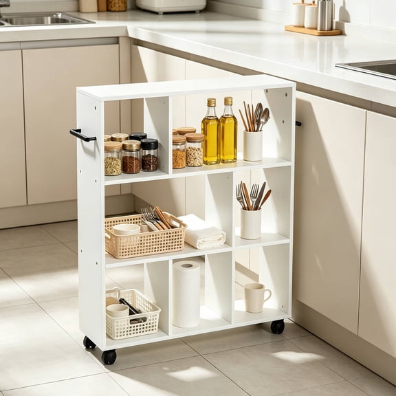 VECELO Rolling Kitchen Island with Towel Rack, Portable Mobile Kitchen Cart with Adjustable Storage Shelves for Kitchen, Dining Room, White