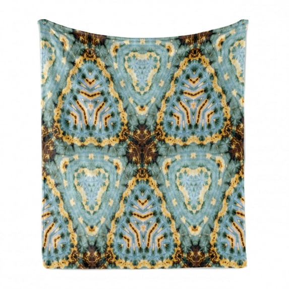 Ethnic Soft Flannel Fleece Throw Blanket, Classic Tie Dye Effect Batik Motif with Bizarre and Oriental Aesthetic Print, Cozy Plush for Indoor and Outdoor Use, 60" x 80", Brown Blue, by Ambesonne