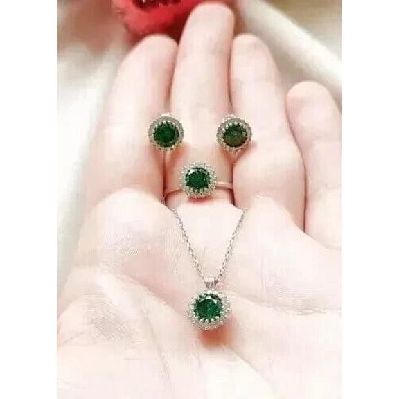Women's Weddings Mix Jewelry Set 14K White Gold Plated 4Ct Round Cut Simulated Green Emerald