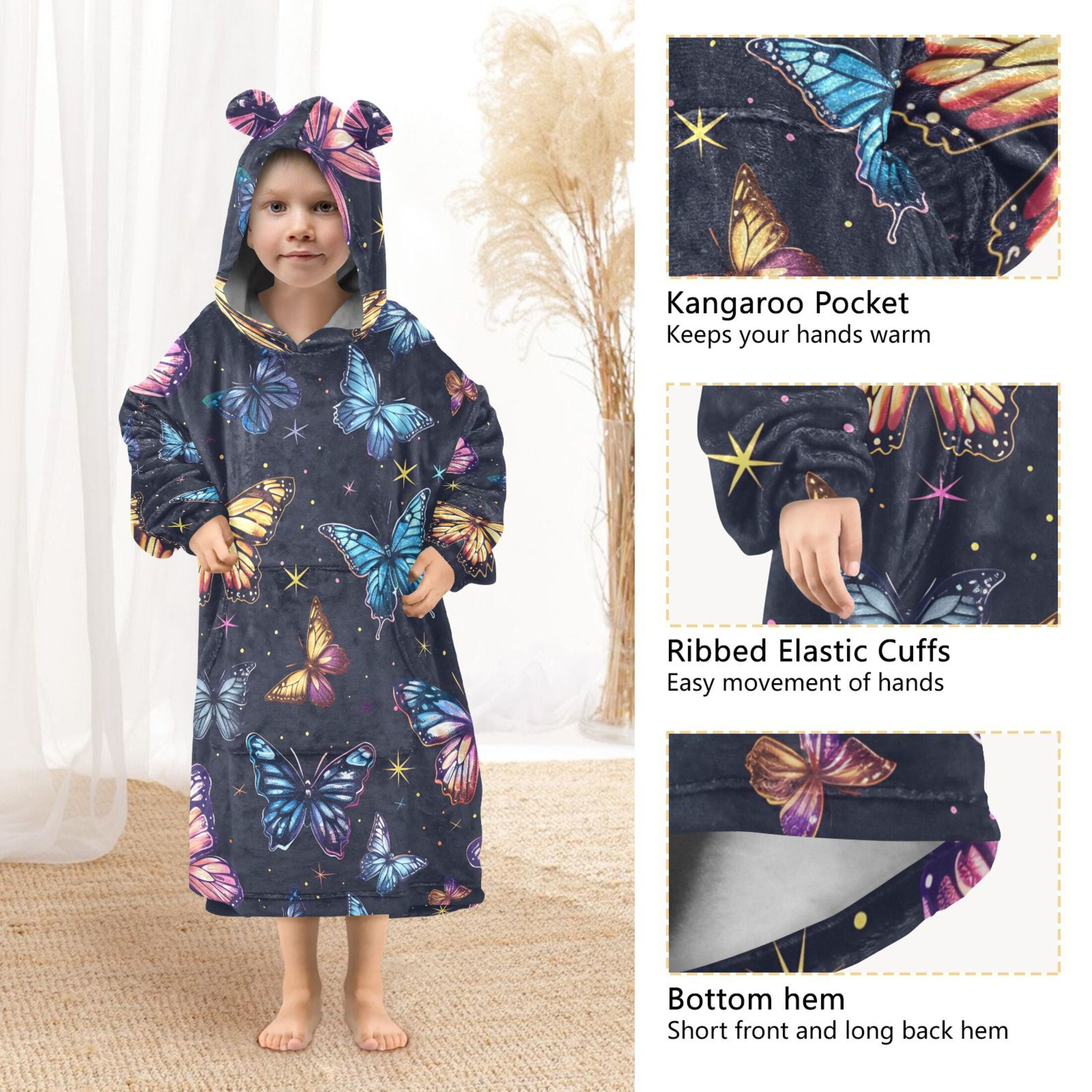 Dailycode Wearable Blanket Hoodie Oversized Sherpa Flannel Blankets with Pocket for 3-14 Year Old Beautiful Butterflies and Star
