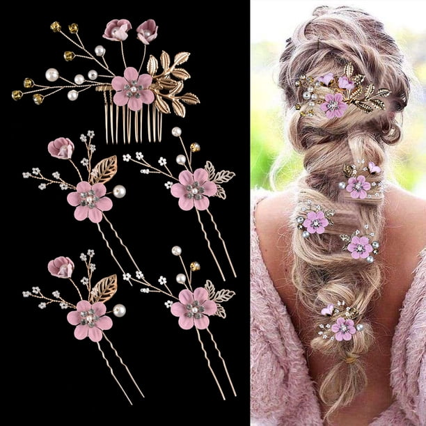 5 piezas de horquillas para el pelo de novia con flores, peineta de perlas de cristal, tocado, accesorios para el cabello de boda dorados, diamantes de imitación, compañero de novia
