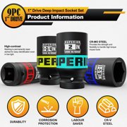 9 Piece 1 Drive Deep Impact Socket Set, 1 Inch - 2 Inch, SAE, 6-Point Design, Heavy Duty CR-MO, Truck Tire Service, Mechanical Equipment Maintance