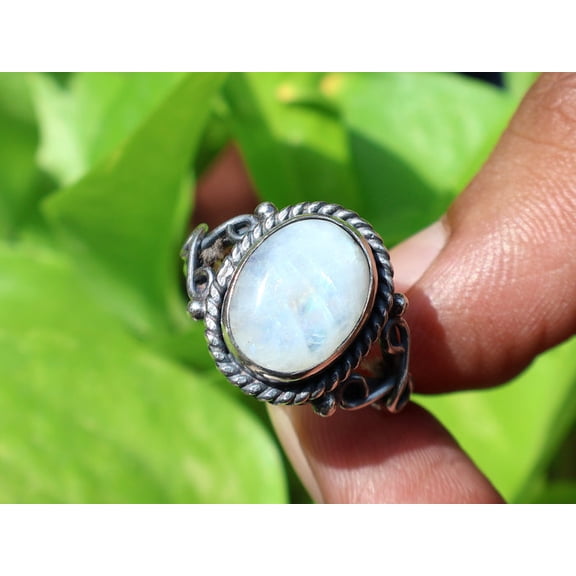 Heaven Crafts Rainbow Moonstone Ring 925 Sterling Silver Oval Gemstone Boho Moonstone Jewelry Ring For Her