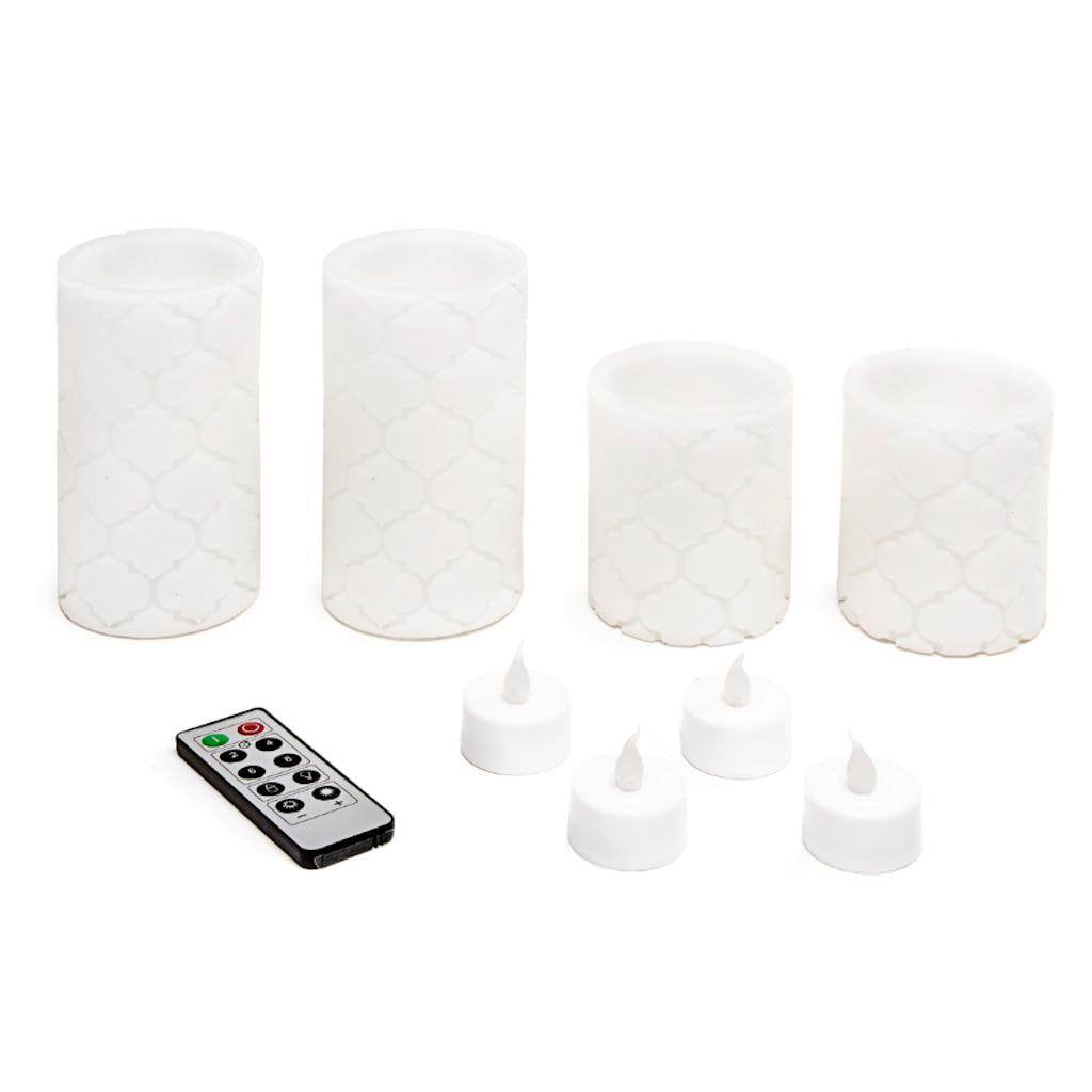 White LED Pillar Candle Set Embossed, 9 pack