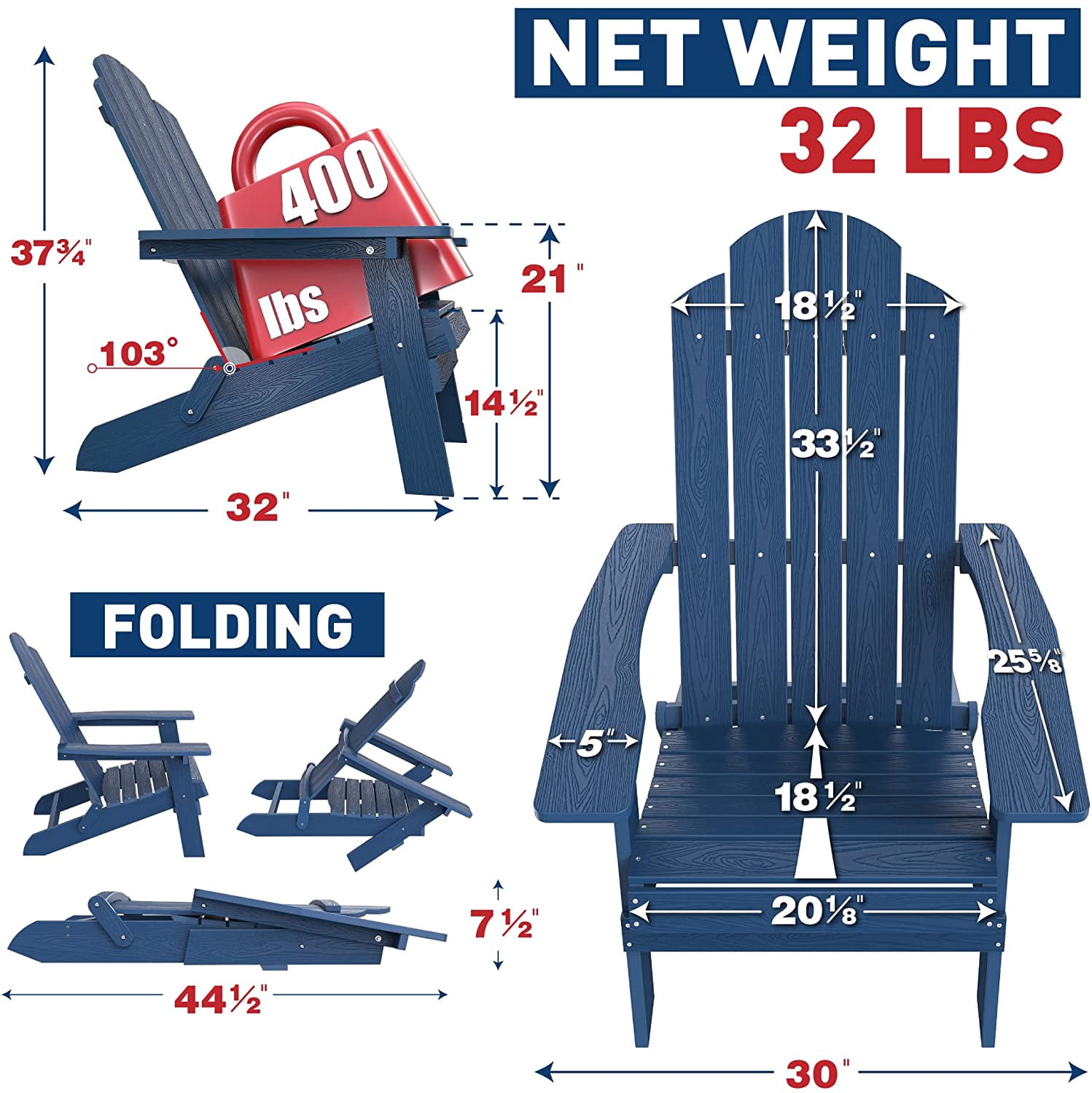 ZEKOO Folding Adirondack Chair Plastic Outdoor Patio Lawn Chair Navy Blue