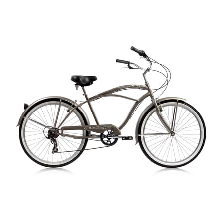 WonderWheels 26  Beach Cruiser Shimano TX-31 7SP V-Brake Stainless Steel Spokes One Piece Crank Alloy Rims 36H W/ Fender - Grey