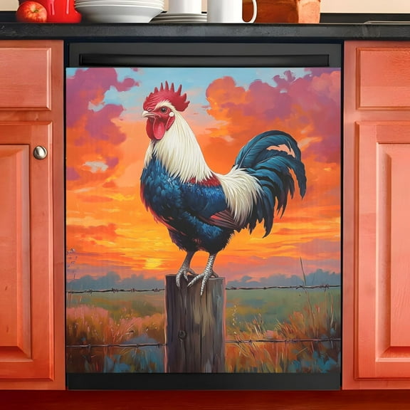 Ryvnso Rooster with Sunset Dishwasher Magnetic Refrigerator Magnet Cover Kitchen Home Decorative 23"x26"