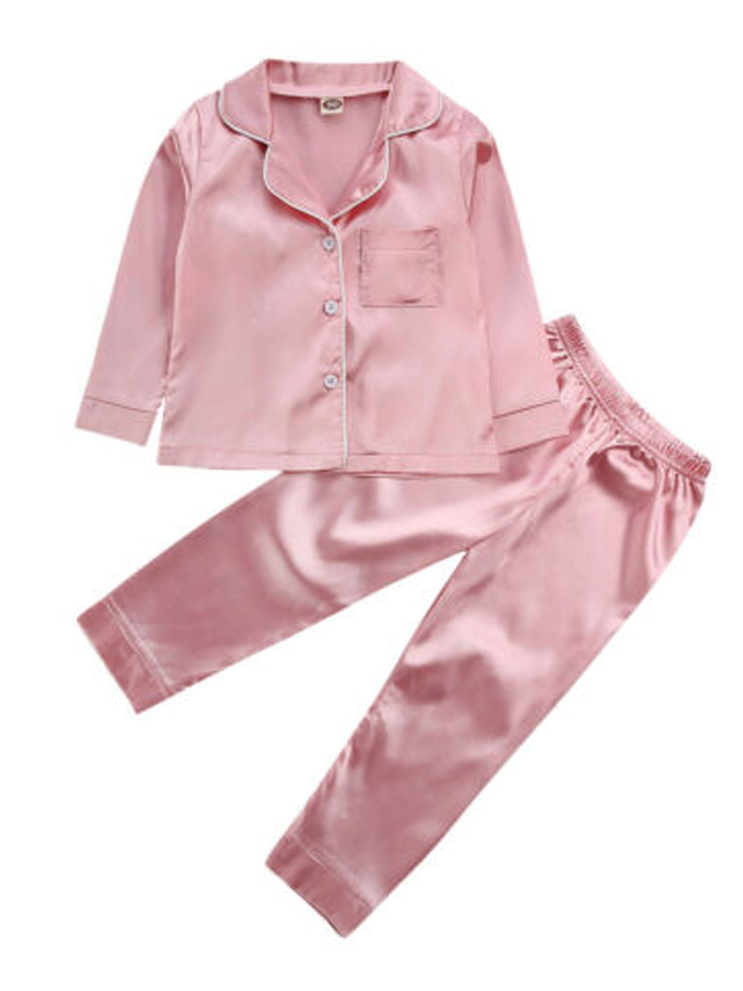 Pajamas Kid Unisex Pjs Set Girls Boys Silk Pajamas Set Satin Long Sleeve 2 Piece Clasic Sleepwear for 2-12 Years Todder 