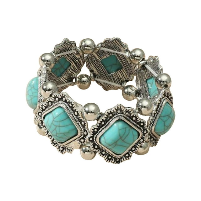 Bohemian Elastic Bracelet with Geometric Turquoise Inlay, Retro Stretch Bangle, Adjustable Handmade Jewelry, Gift for Women