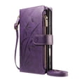thumbnail image 3 of For Apple iPhone 17e Orchid Pattern Wallet Case, 9 Card Slots Zipper Pocket, Detachable Wrist & Shoulder Strap, Magnetic Shockproof Protective Phone Case,Dark Purple,For iPhone 17e, 3 of 9