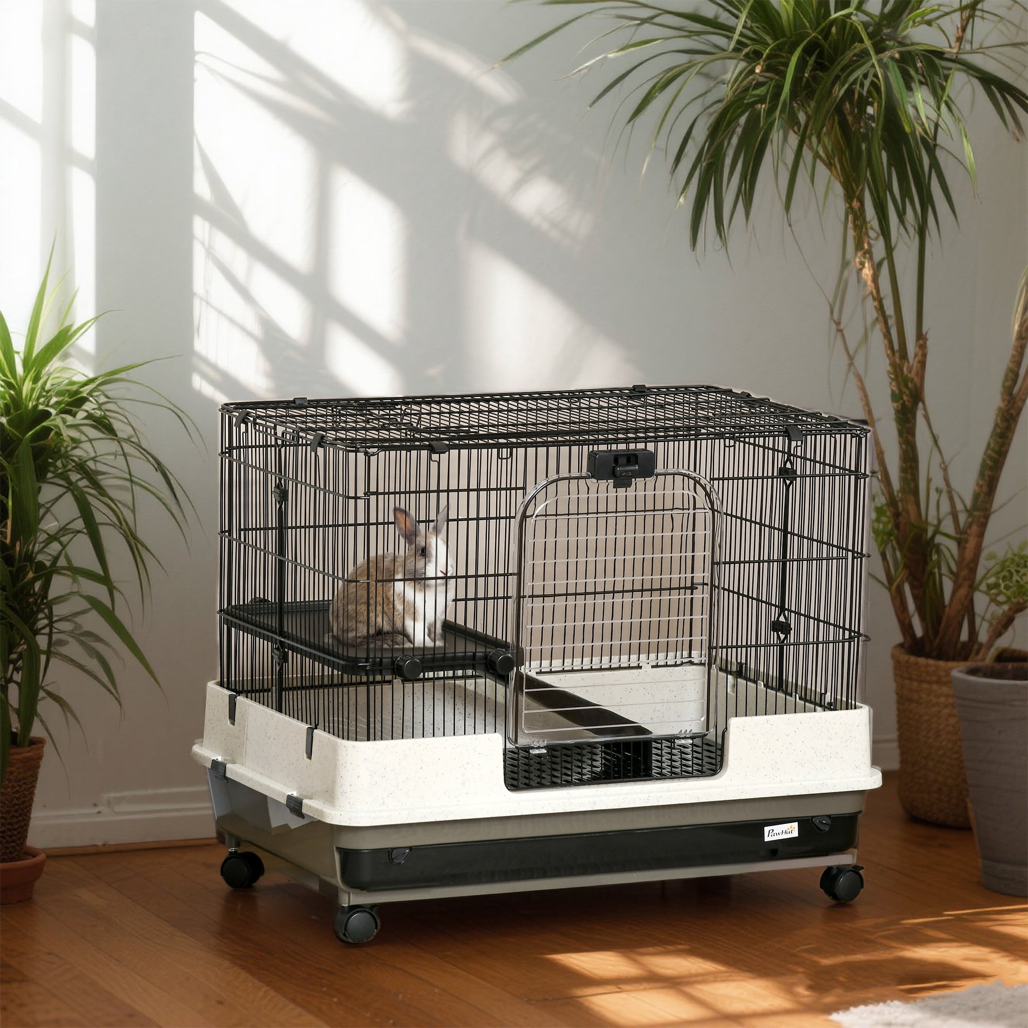 YIYADO 26" 2-Level Small Animal Cage on Wheels, Portable Rabbit & Chinchilla Cage with Removable Tray, Ramp & Platform