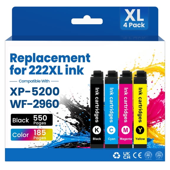 222XL Ink Cartridges Compatible for Epson 222 Ink Cartridge Combo Pack for Epson Expression Home XP-5200 Workforce WF-2960 Printer Ink ( Black Cyan Magenta Yellow)