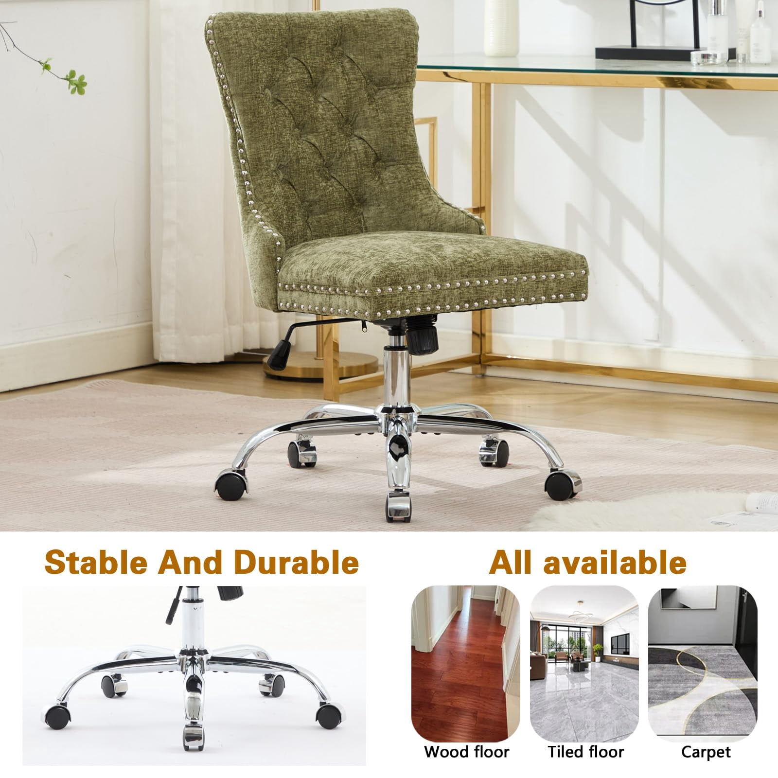 Pawverly Velvet Upholstered Office Chair, Tufted Button Swivel Desk Chair with Adjustable Height, Gold Metal Base & Wheels, Modern Vanity Chair, Green
