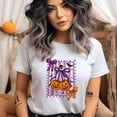 thumbnail image 2 of Purple Bow Pumpkin Graphic T-Shirt | Unisex Spooky Season Outfit, Light Pink, Size 2XL, 2 of 6