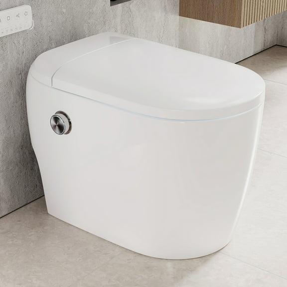 Compact Elongated Smart Toilet Bidet 1.28 GPF in White with Auto Flush, Heated Seat, Warm Air Dryer for Small Bathroom