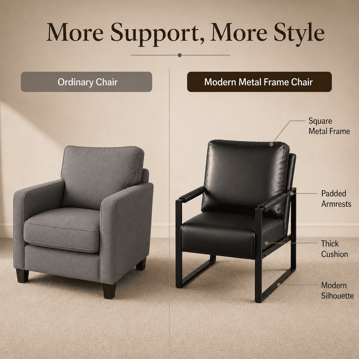 MOONMISS Mid-Century Modern Accent Chair,Black Square Metal Frame with Thick Cushion,Black PU