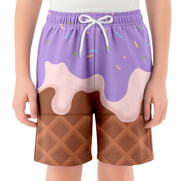 XUELUO Boys Pants Kids Summer Cartoon Ice Cream Print Elastic Waist Drawstring Loose Shorts Streetwear,Purple,7-8 Years
