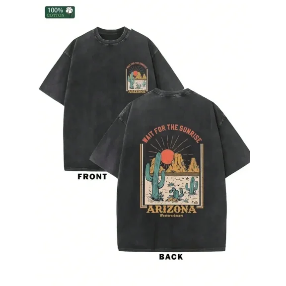 Men's Retro Arizona Desert Pattern T-Shirt, 100% Cotton, Loose Version, Short Sleeves, Casual Street Style, _Waiting For Sunrise_ Design, Black, Front And Back Labels Keep The Same