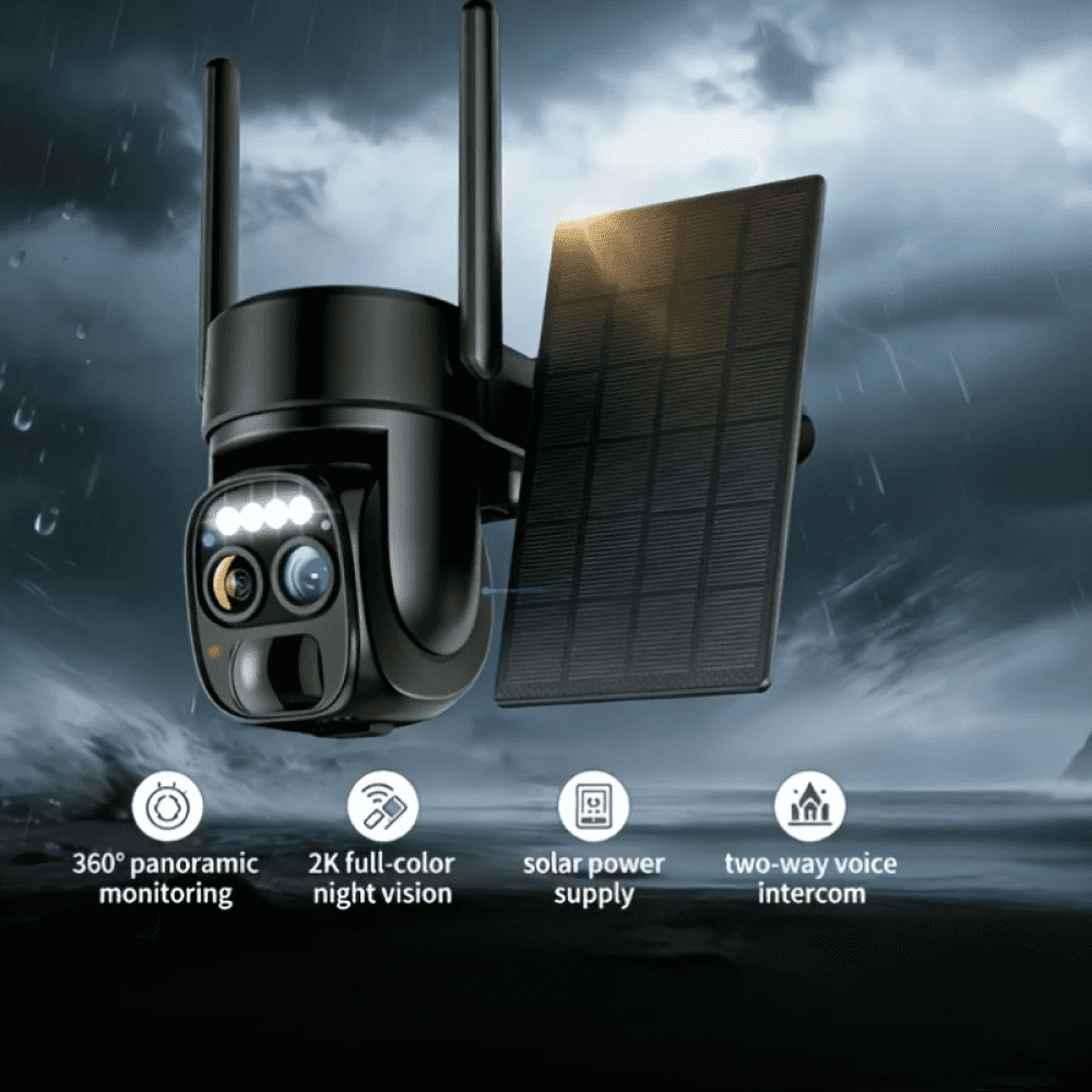 HAWKRAY TECH 360° Full-Color Night Vision Solar Panel Battery 2K FHD Outdoor Surveillance Camera with Two-Way Audio, IP66 Waterproof, 2.4GHz/5GHz Dual-Band WiFi & Motion Detection, Black, 1 Count