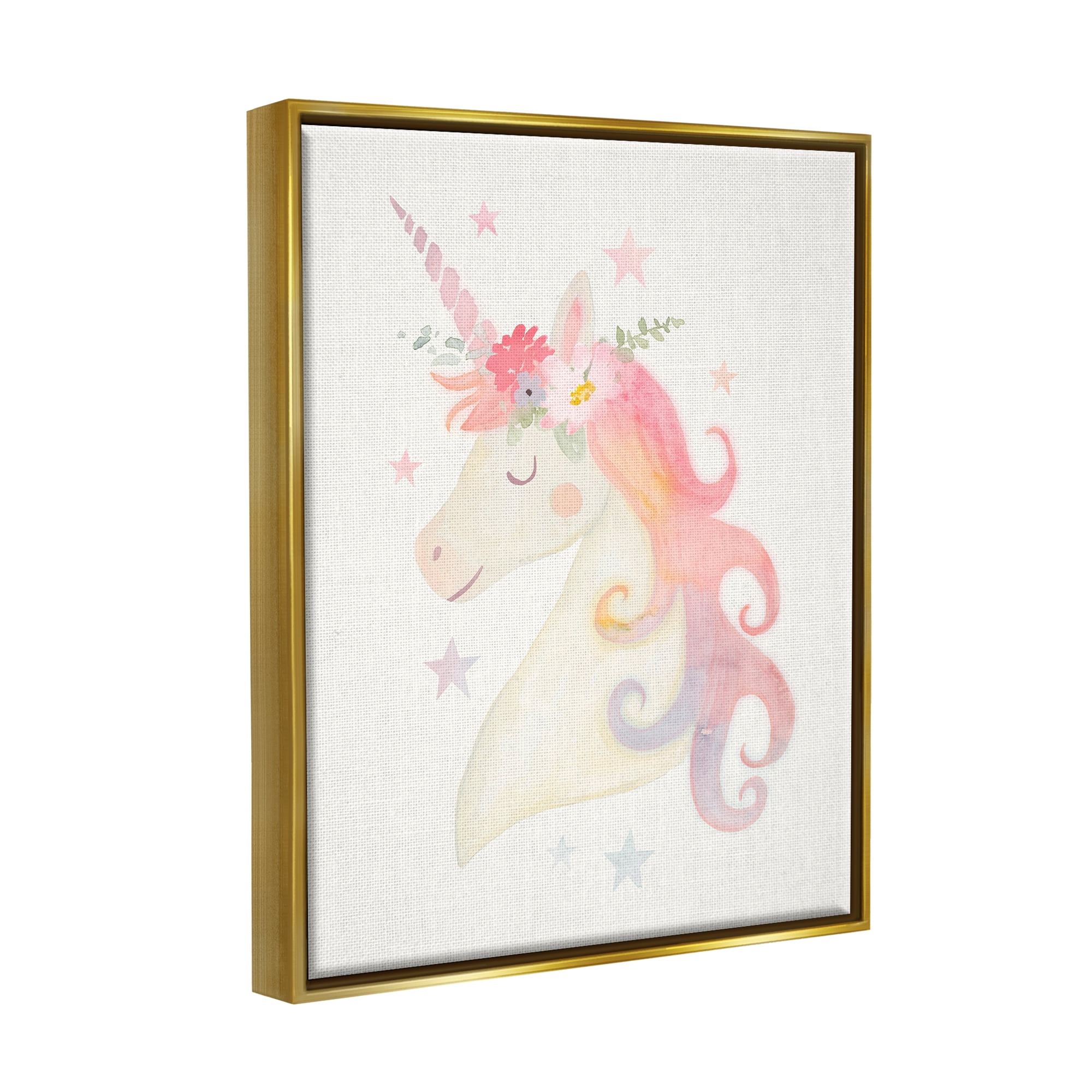 Stupell Industries Charming Unicorn Smiling Flower Crown Stars Design Graphic Art Metallic Gold Floating Framed Canvas Print Wall Art, Design by Victoria Barnes