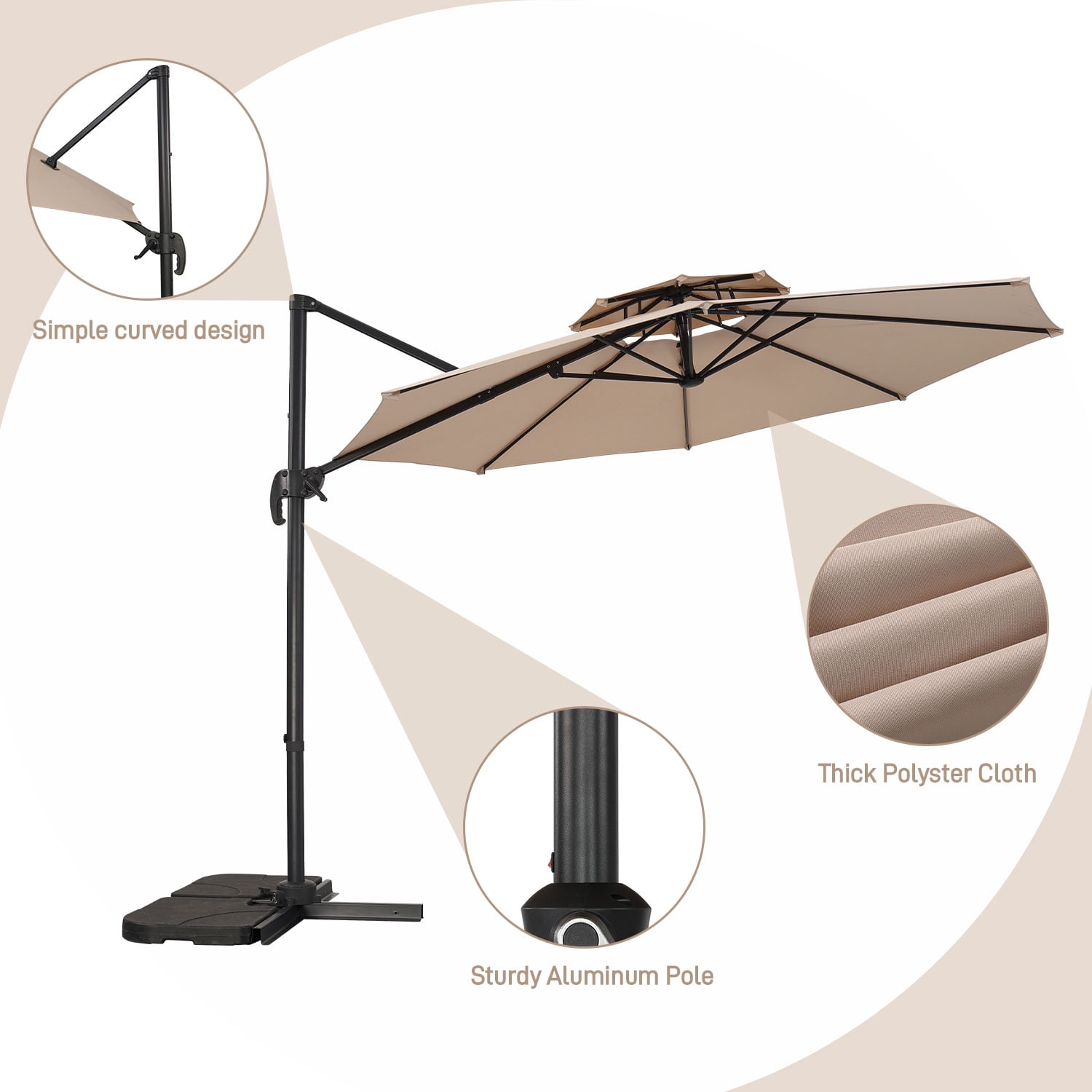 Ainfox 10ft Heavy-Duty Patio Cantilever Umbrella with Cross Base, Beige - 360° Rotation, UV-Resistant Offset Sun Shade