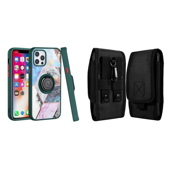 Bemz Ring Series Case for iPhone 14 Plus (TPU Silicone Cover with Magnetic Stand) and Vertical Rugged Nylon Belt Holster Pouch - Green on Galaxy Marble