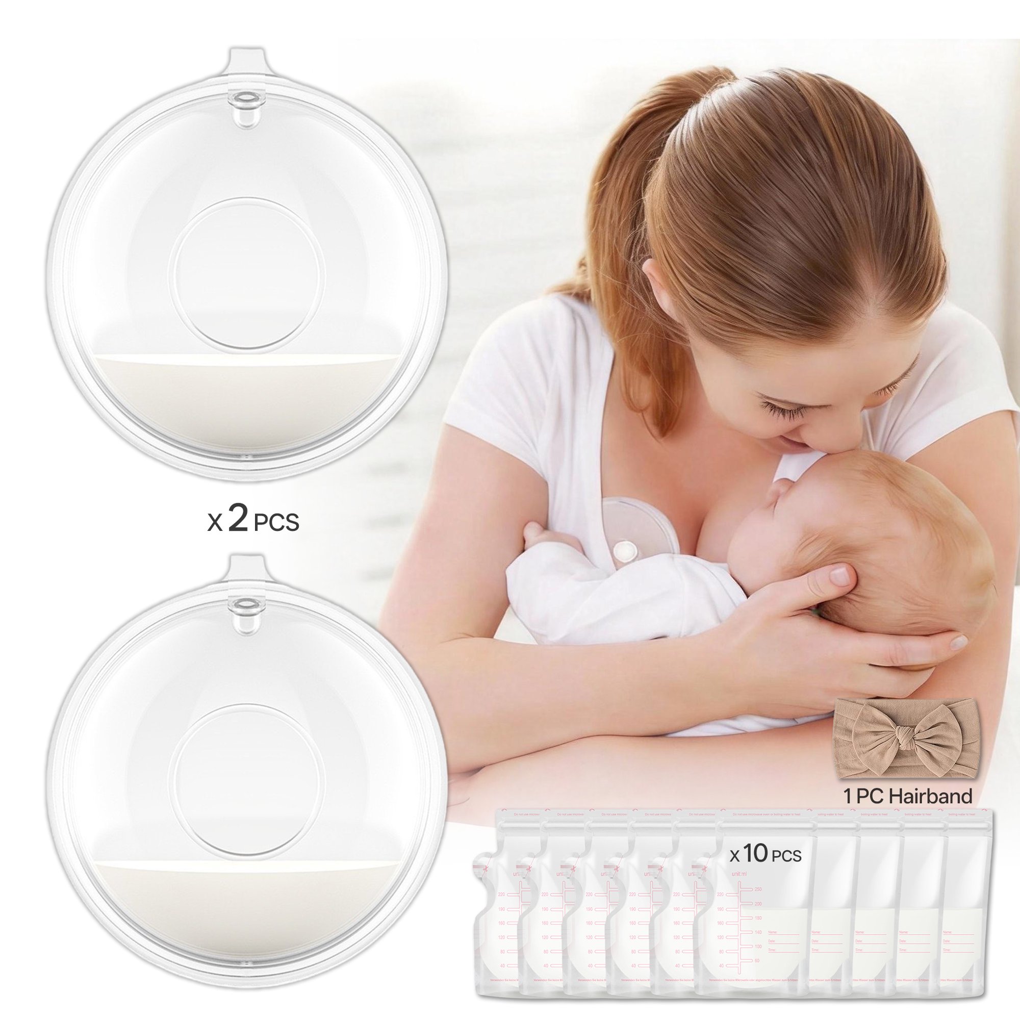 Breast Milk Collector Cups, 2 Pack Wearable Silicone Milk Catchers with 10 Breastmilk Storage Bags