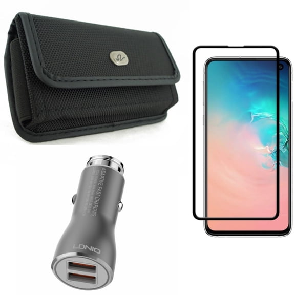 Galaxy S10e Case Belt Clip w Screen Protector w Car Charger - Rugged Holster Canvas, Tempered Glass 5D Curved Edge, 36W Fast 2-Port USB Type-C Cable for Samsung Galaxy S10e Phone
