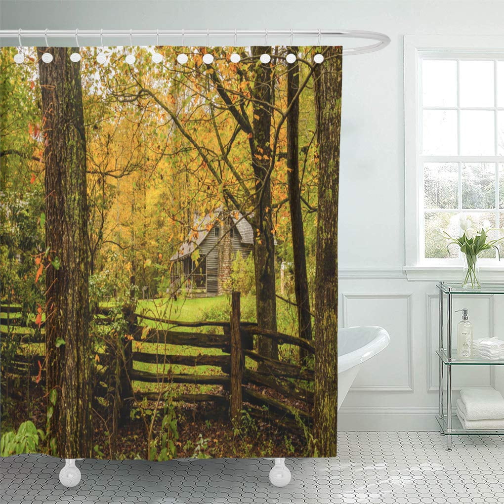 Deer in Woods Shower Curtain Autumn Snow Rustic Lodge Cabin Fall Tree Forest 