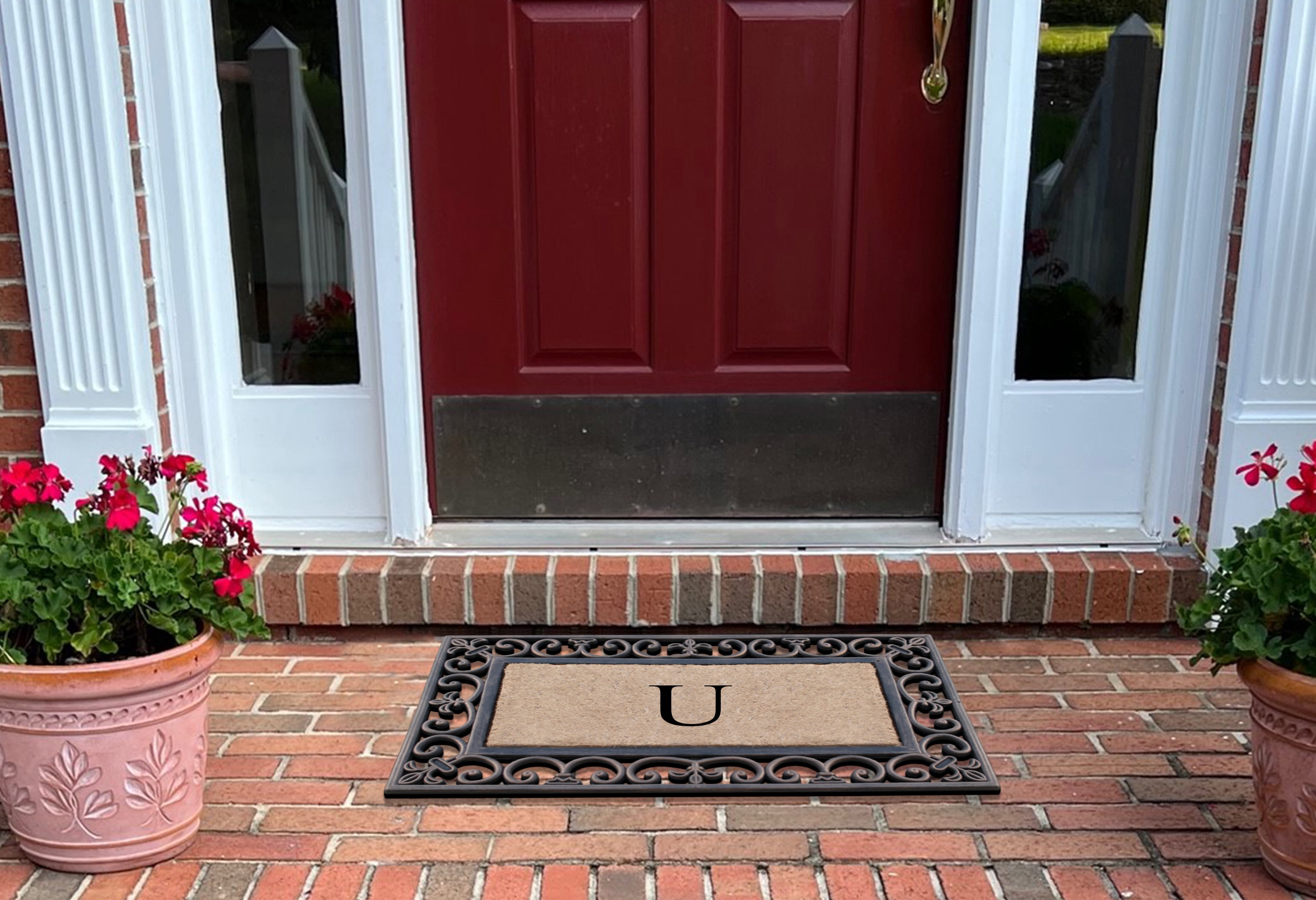 A1HC First Impression Classic Paisley Border Bronze 18 in. x 30 in. Rubber and Coir Monogrammed U Door Mat