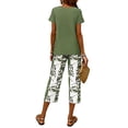 thumbnail image 6 of Krdevn Womens Casual 2 Piece Outfits Short Sleeve Irregular Top Leaf Print Capri Pants Summer Daily Wear Set,S, 6 of 7