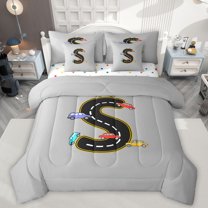 Manfei Monogrammed S Theme 7 Pieces Bedding Comforter Set,Gray Black Full Bedding Set,Multicolor Cartoon Sport Car Fitted Sheet Flat Sheet For Boys Teens,Ultra Soft Bedroom Decor Reversible