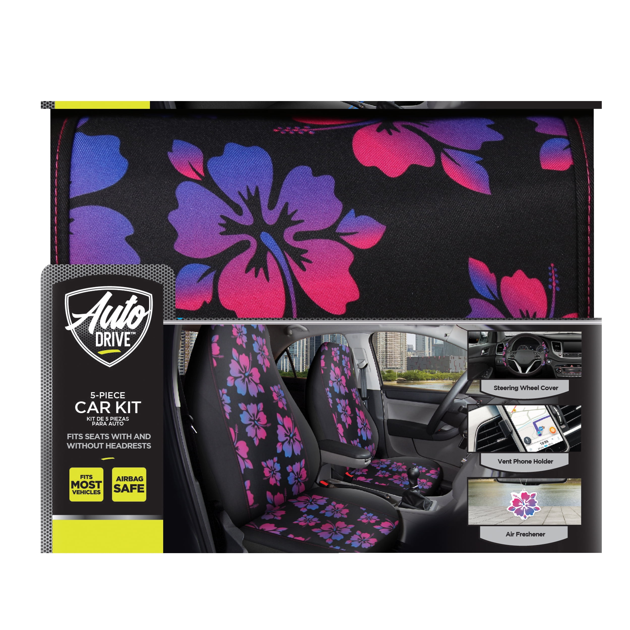 Auto Drive 5-Piece Black-Purple Hawaiian Hibiscus Car Kit, 43671WDI