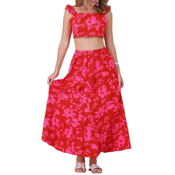 INSPIRE CHIC Summer 2 Piece Outfits for Women's Floral Tank Top and Maxi Skirt Set XS Red