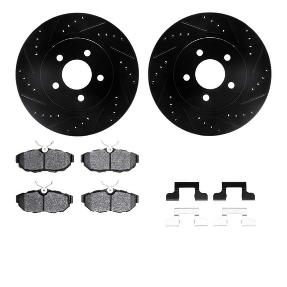 Dynamic Friction Company Rear Brake Rotors-Drilled and Slotted-Black with 5000 Euro Ceramic Brake Pads includes Hardware 8612-54010