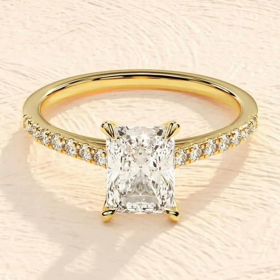 Radiant White Diamond Engagement Ring in 14K Yellow Gold Vermeil – Radiant Cut Side Stone Bridal Ring for Women – Handcrafted Wedding Jewelry