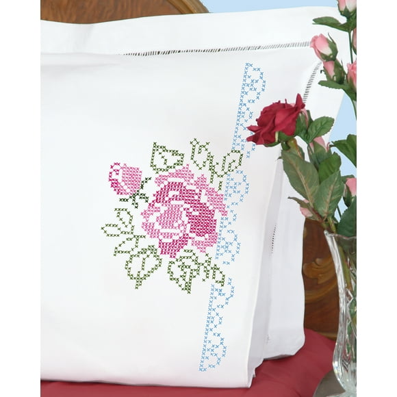 Stamped Pillowcases W/White Perle Edge 2/Pkg-XX Roses
