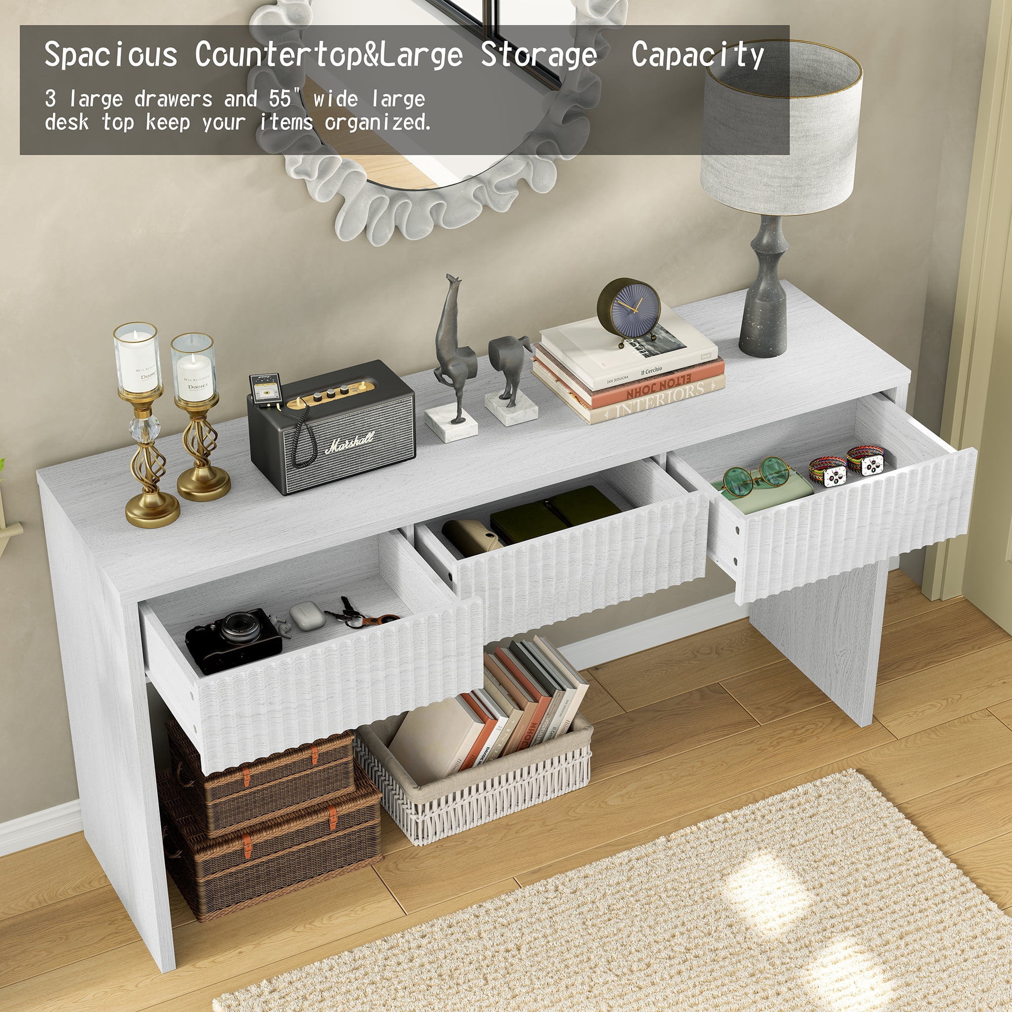 Furnihold 55"W Fluted Console Table with 3 Drawers, Narrow Long Entryway Table for Hallway, Living Room, White