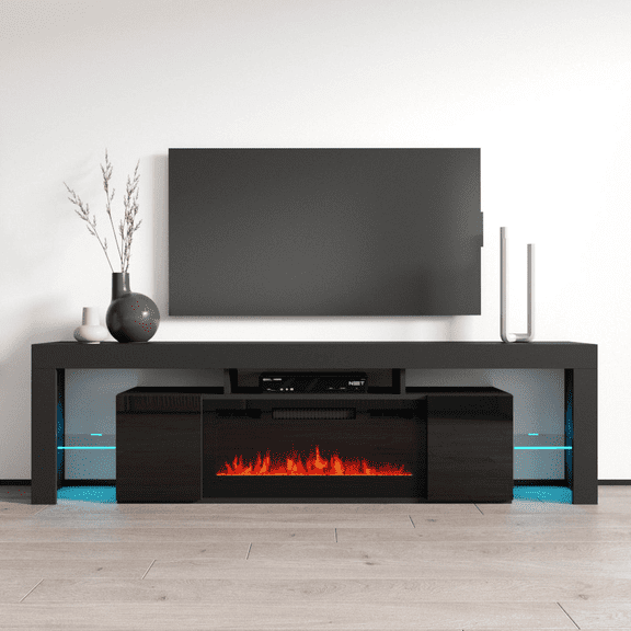 Soleo BL-EF Fireplace TV Stand for TVs up to 90", Modern High Gloss 79" Entertainment Center, Electric Fireplace TV Media Console with Storage Cabinets