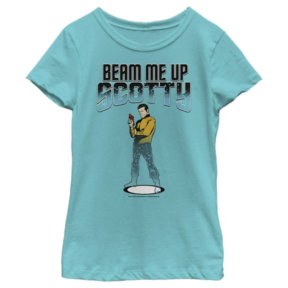 Girl's Star Trek Cartoon Kirk Beam Me Up Scotty Transporter  Graphic Tee Tahiti Blue X Large