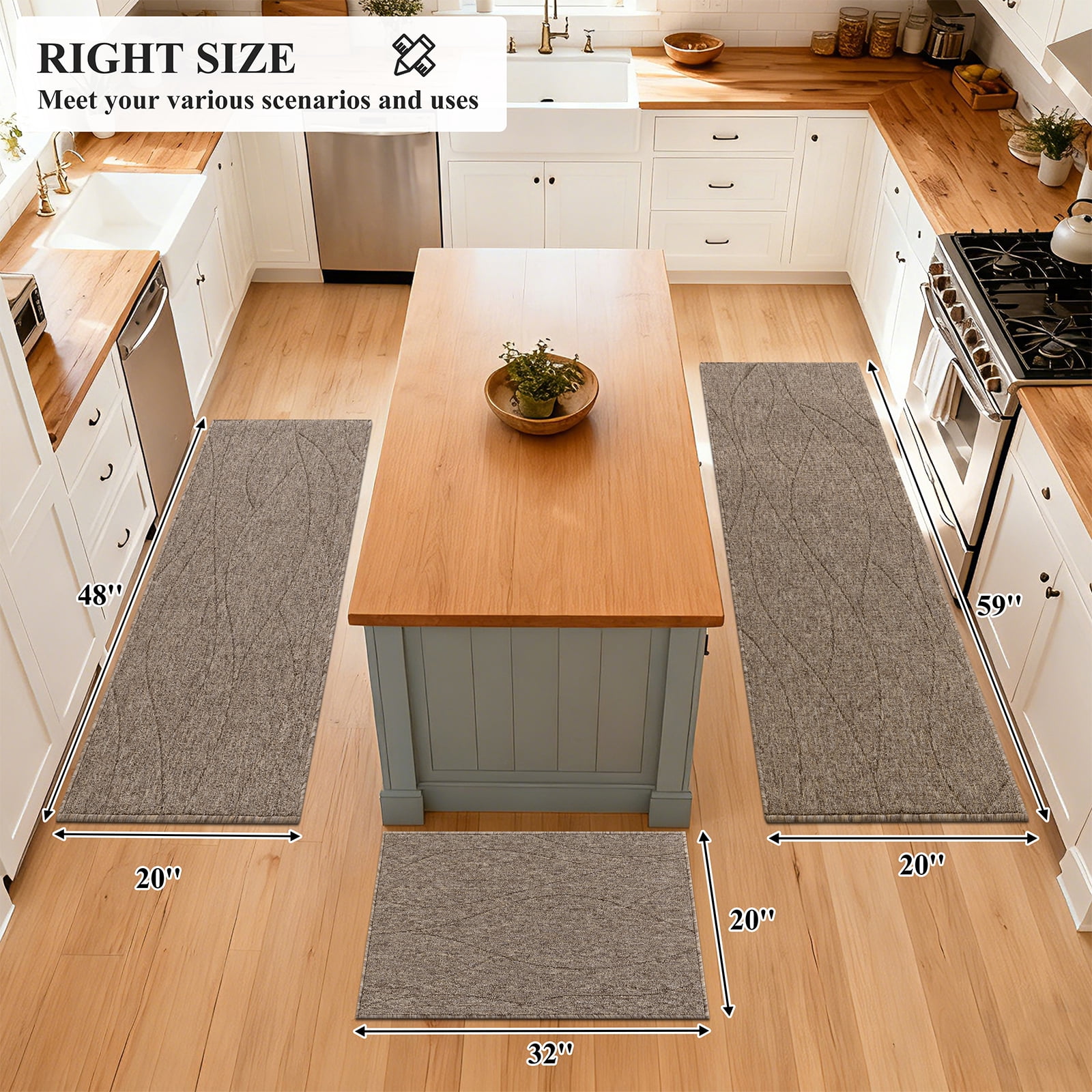 MeyJey Geometric Lines Kitchen Rugs Sets of 3, Non Slip Washable Kitchen Mats for Floor, Brown