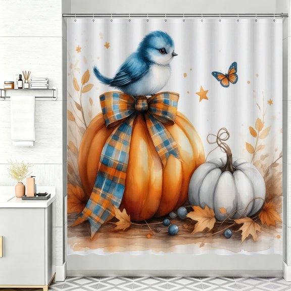 Cute Fall Shower Curtain A blue bird sitting on top of a pumpkin 72 Shower Curtain Home Decor for Fall