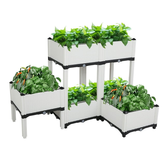 Set of 6 Raised Planter Box, Free Splicing Raised Bed Planter Kit, Vegetable/Flower/Herb Elevated Garden Bed with Self-watering Disk and Drain Holes, Perfect for Garden, Patio, Balcony, JA2489