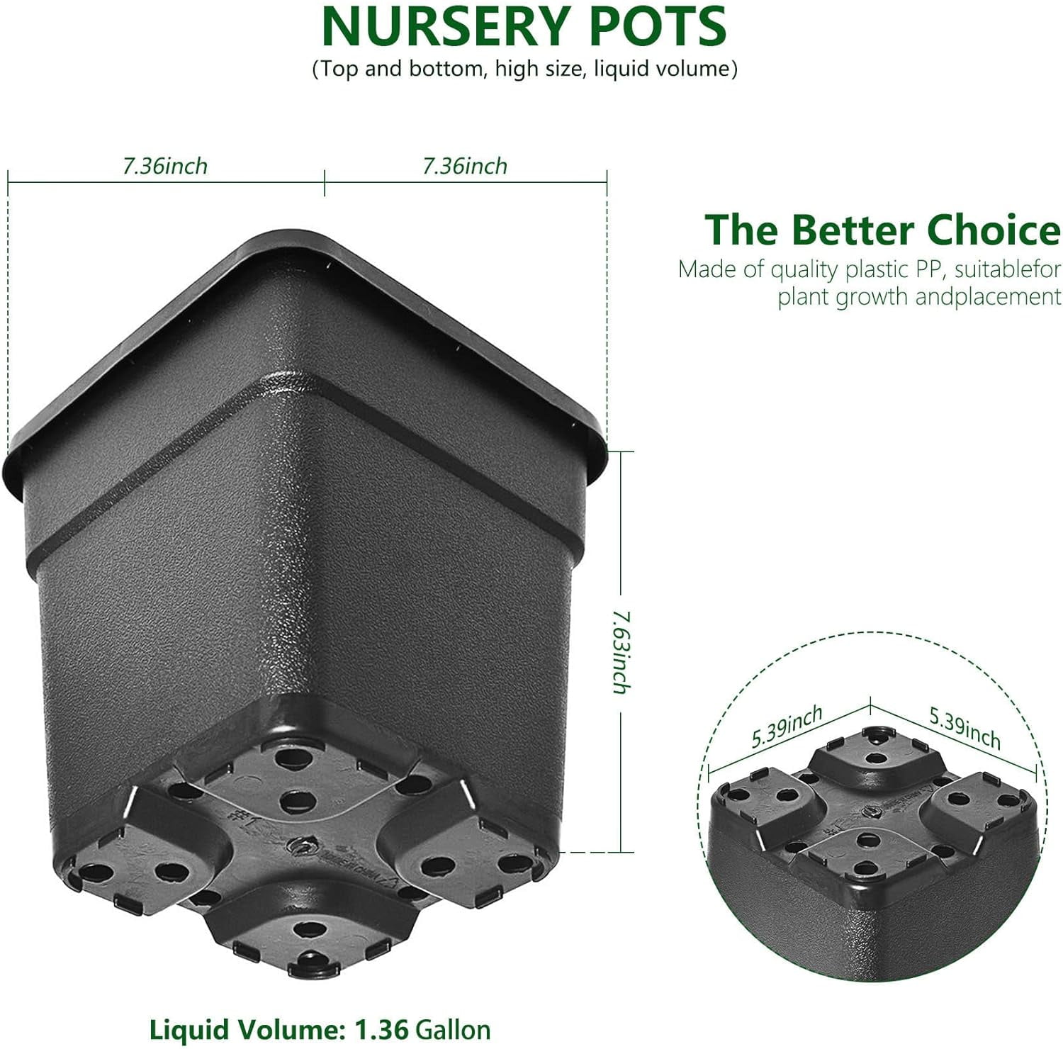 HOSTIC 10-Pack 2 Gallon Square Planter Nursery Pots, Flower Plant Container Injection Molded Plastic Nursery Pots Gardening Pots for Indoor Outdoor Vegetables, Succulents, Black